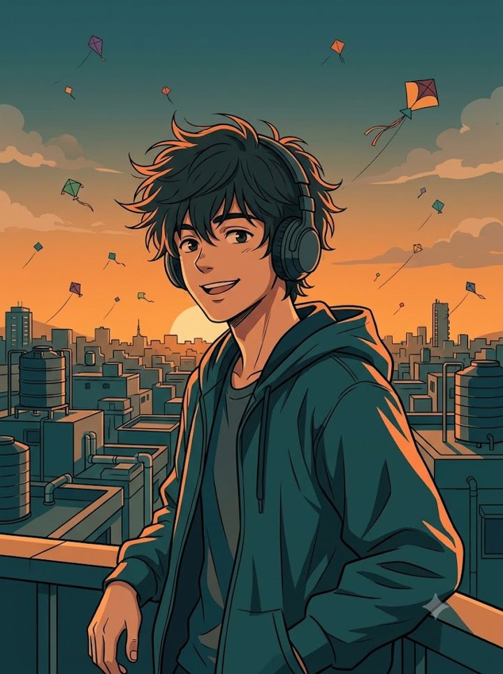 Sample anime picture of a boy with headphones