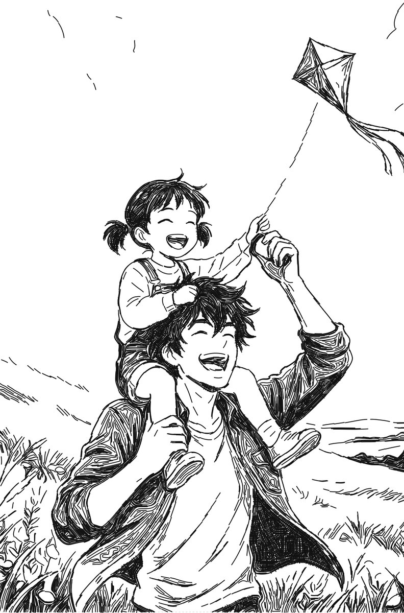 Ink drawing of a father and daughter flying a kite